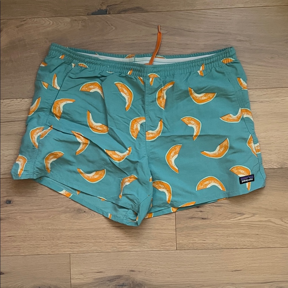 Patagonia Teal Swim Shorts with Orange Melon Print